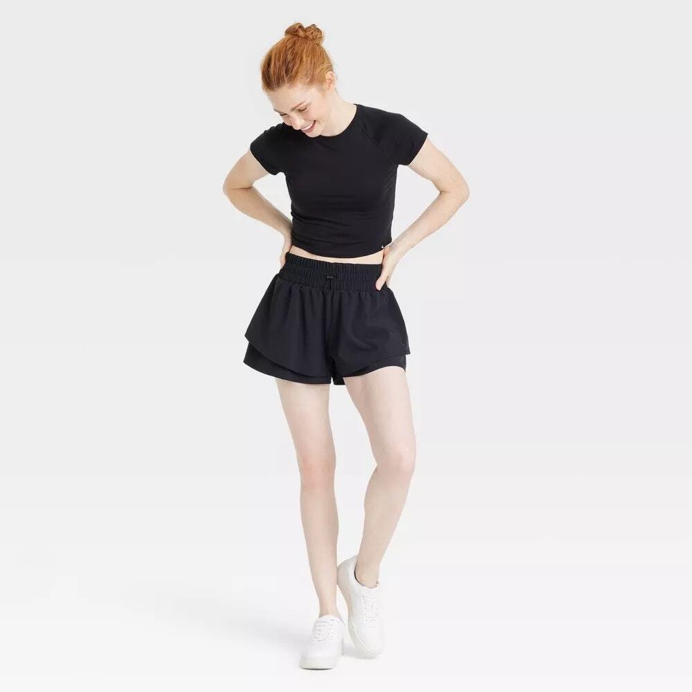 JoyLab Black 2-in-1 Layered Running Shorts Smocked High Rise Pocket Medium M NEW